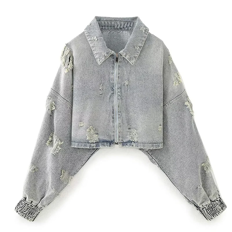 Autumn Winter Women Vintage Oversize Ripped Crop Denim Jacket