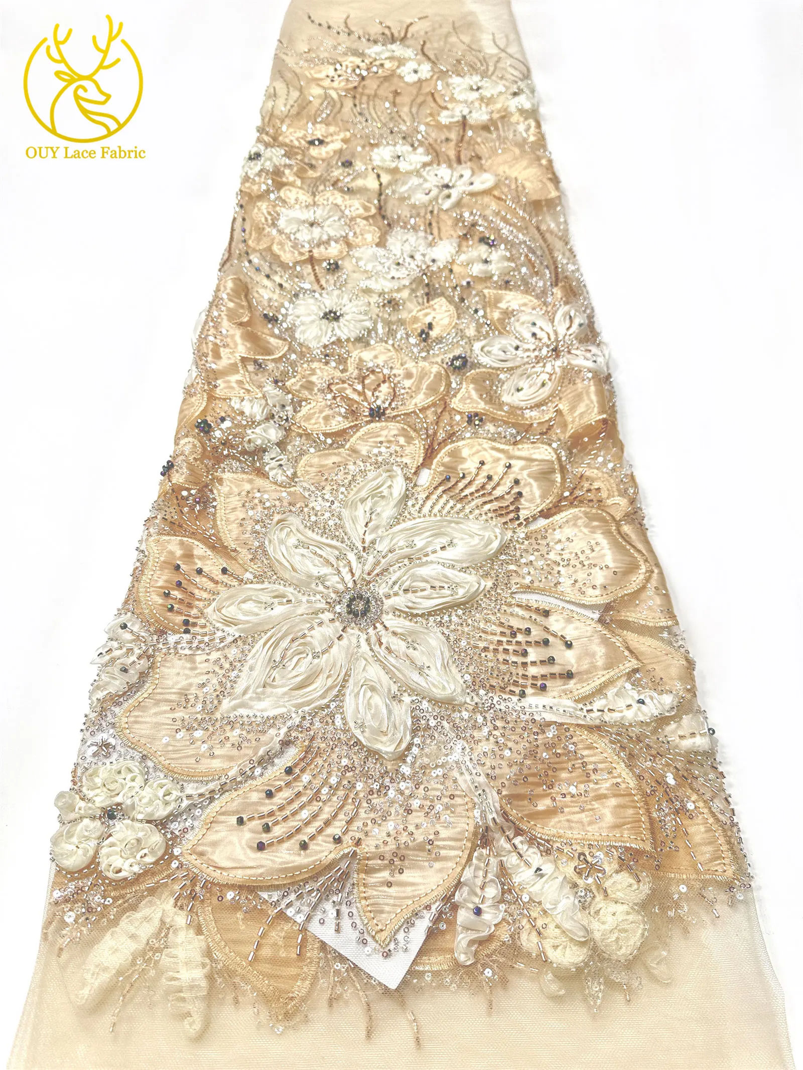 3D-Blumen-Tüll, afrikanischer Spitzenstoff, eleganter französischer nigerianischer Perlen-Pailletten-Mesh-Spitzenstoff für Damen, Hochzeitskleid-Design-Stoff – Detail 15