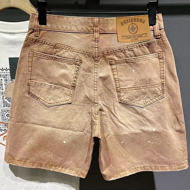 Hip-Hop Streetwear Men's Denim Shorts Summer Fashion Khaki Graffiti Scratches Biker Loose Straight Short Jeans Korean Clothes