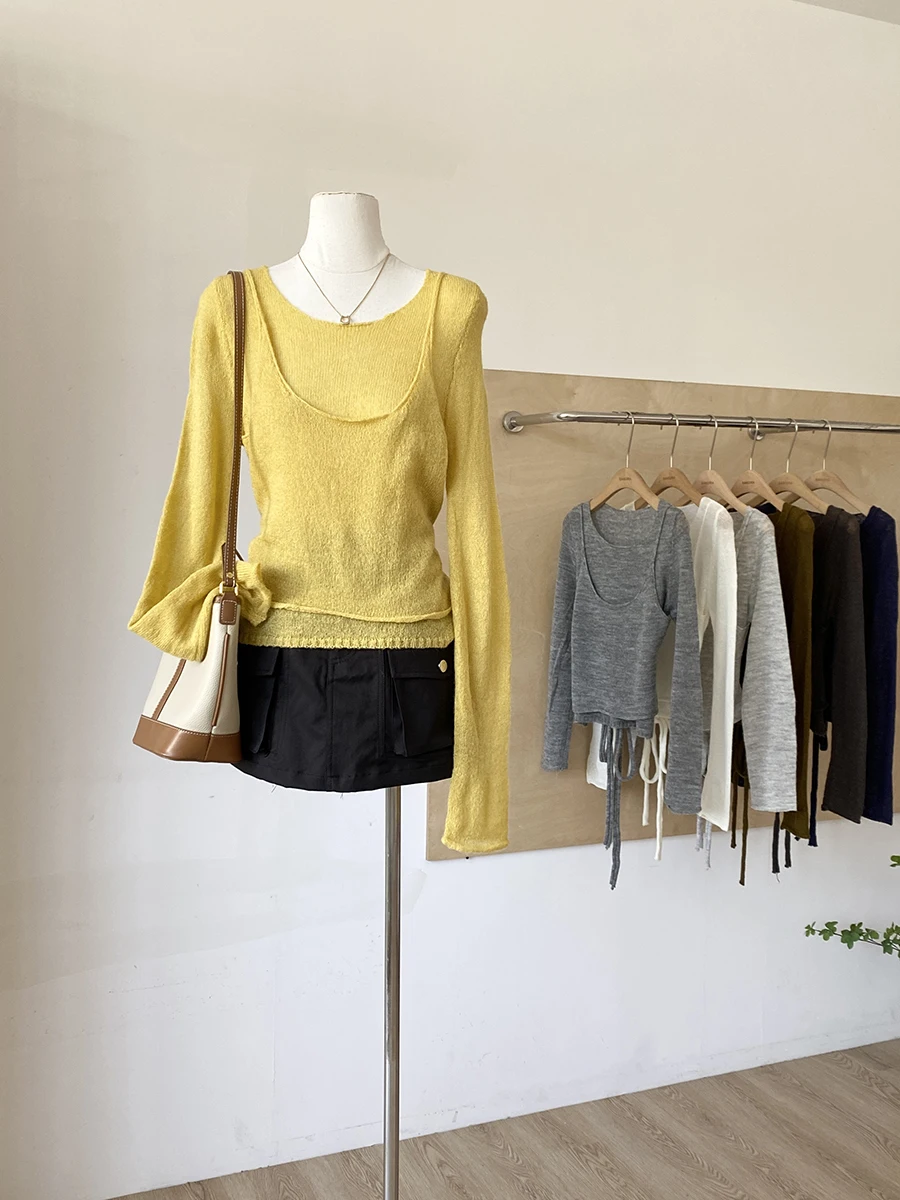 

Модный корейский вязаный топ с длинным светом, утягивающий универсальный женский топ, осень 2023, новый дизайн, ложный топ из двух предметов