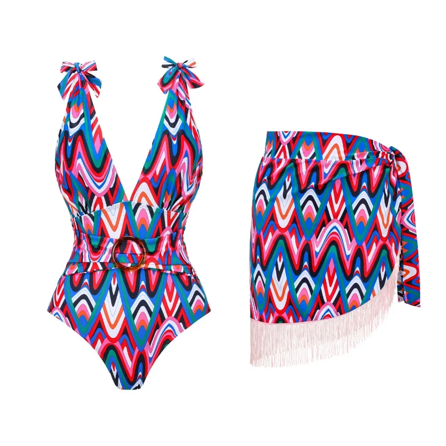 Traje de baño de una pieza con pajarita y correa para el hombro, traje de baño para mujer, falda con borlas, ropa de playa, traje de baño de lujo, nueva ropa de playa para vacaciones 2025