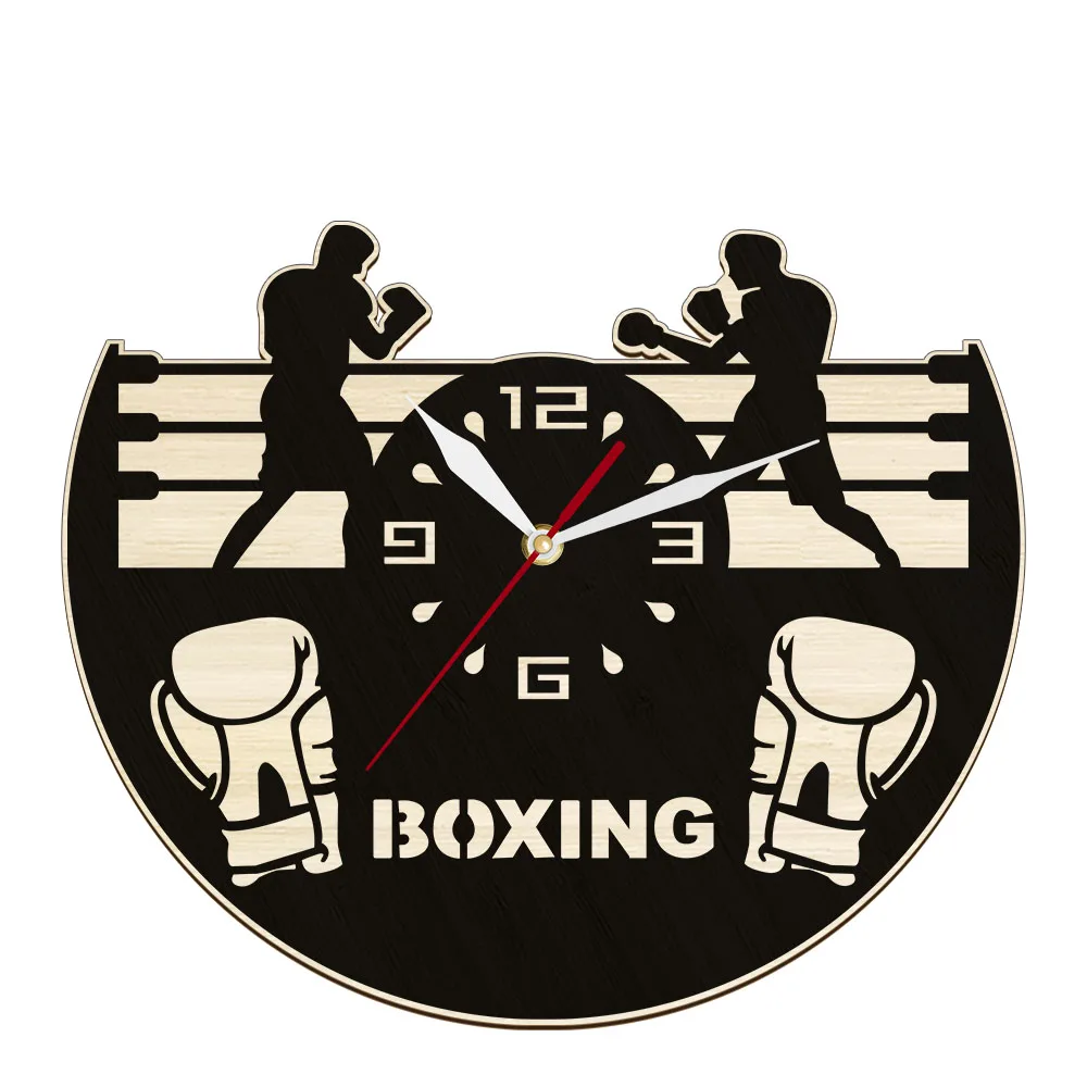 Boxing Gloves And Fighters On Arena Decorative Wooden Wall Clock Pugilist Combat Fighting Home Decor Timepieces Boxer Wall Watch