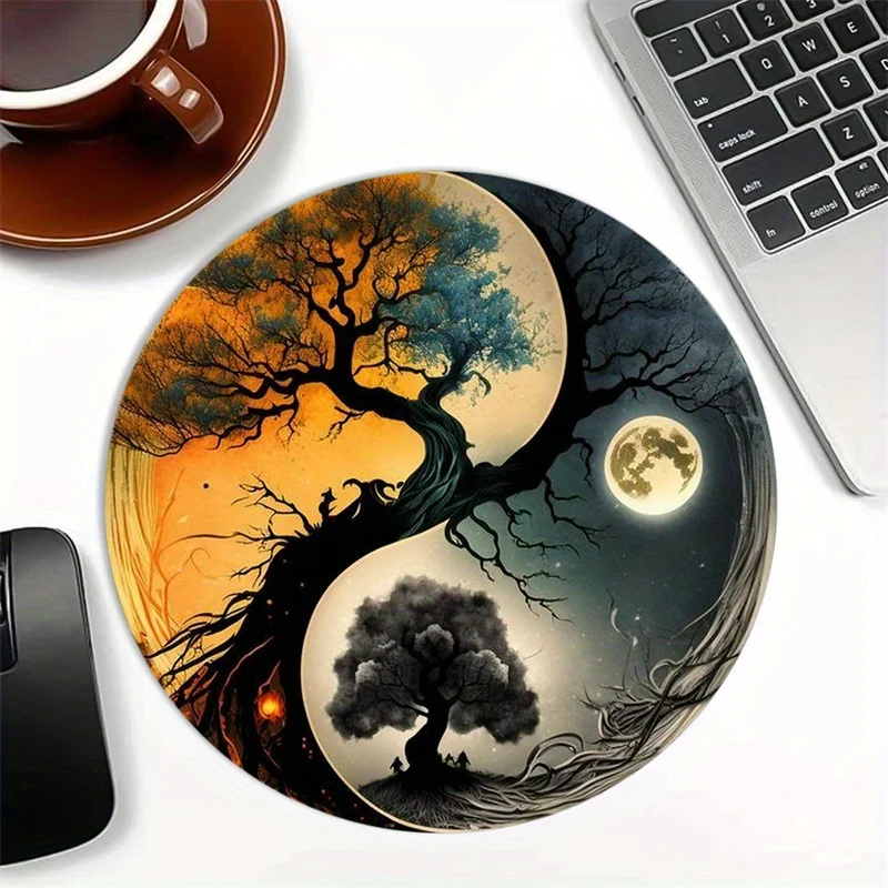 

Yin-Yang Moon and tree designed circular mouse pad with anti-slip rubber base is suitable for both office and home High quality