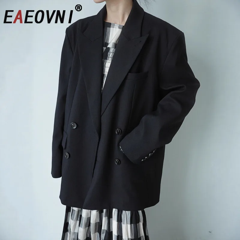 

EAEOVNI 2025 Autumn New Women's Blazer Coat Black Notched Collar Double Button Office Lady Jacket Fashion Female Clothing