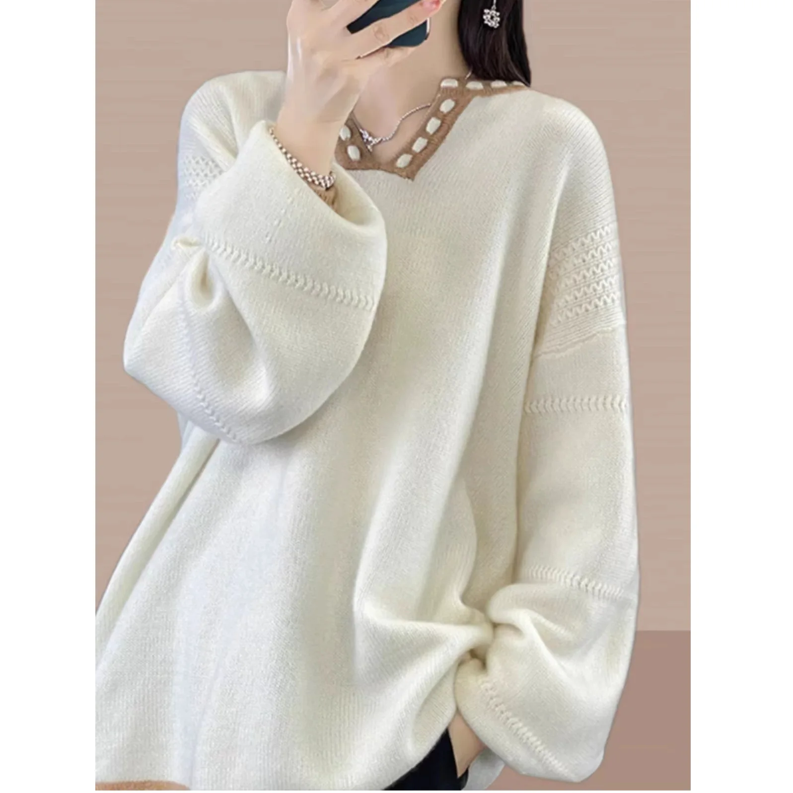 Thickened Wool V-neck Mid-length Women's Knitted Sweater Base Shirt Autumn Winter Top Casual Comfortable Loose Fit Style