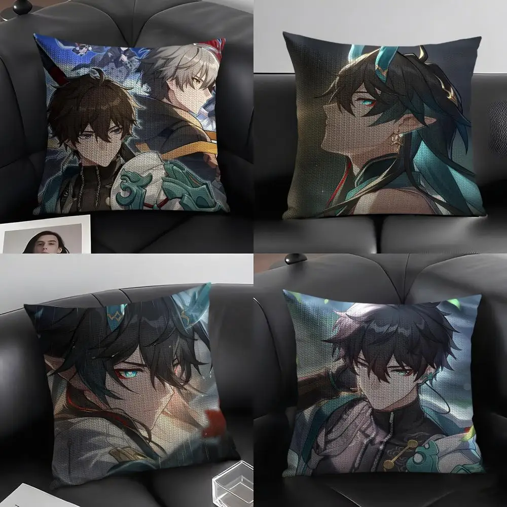 H-Honkai StarR Rail Dan Heng Cushion Cover Natural Linen Organic Fabric Double-Sided Printing Sofa Home Decor Gift Pillow Case