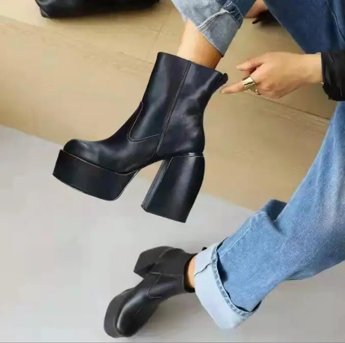 Sexy Style Platform Boots Elastic Microfiber Shoes Woman Classic Ankle Boots High Heels Black Thick Platform Long Knee High Boot