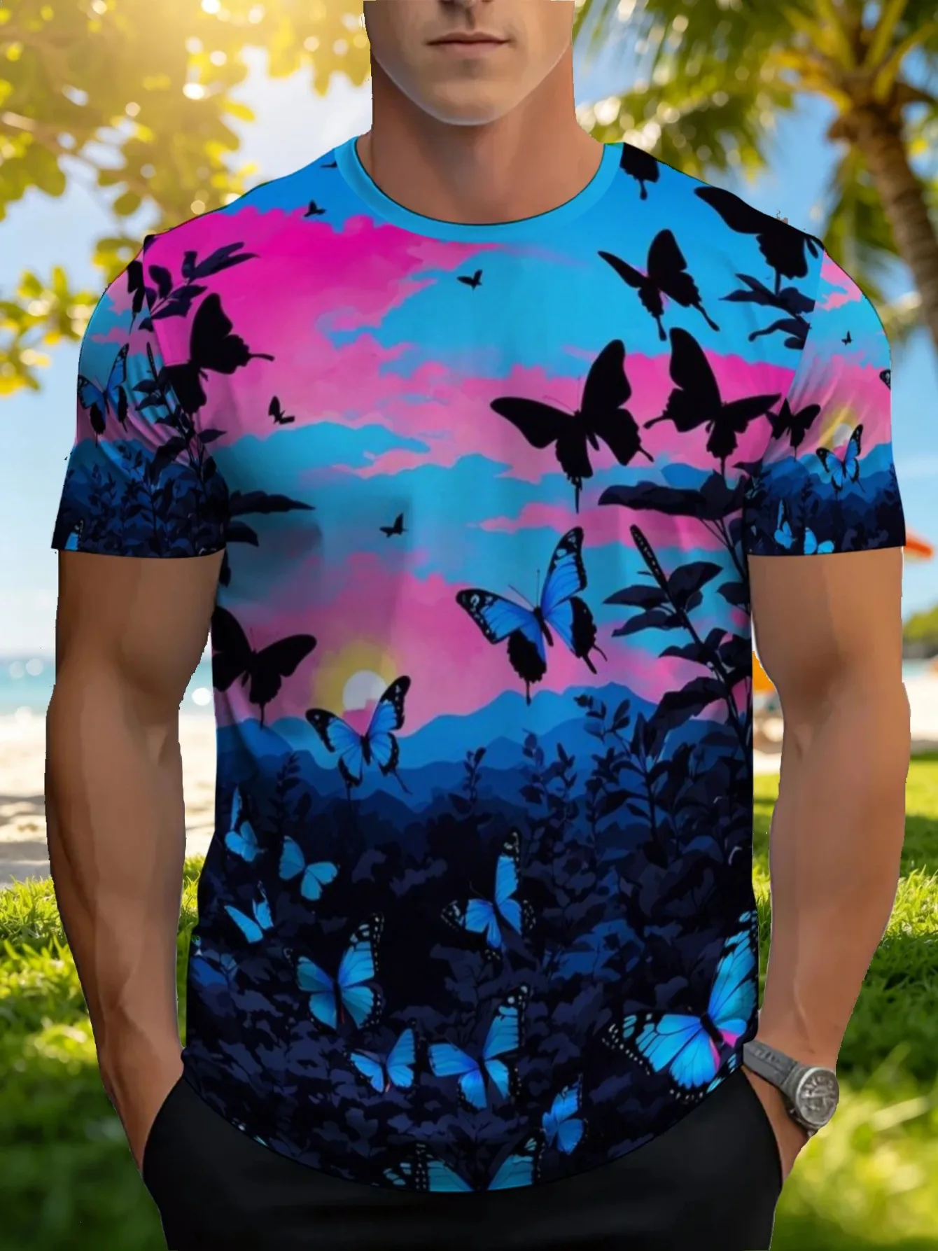 Men Pink Blue Sunset Mountain Blue Butterfly Silhouette Landscape Full Print Lightweight Polyester Casual Tee