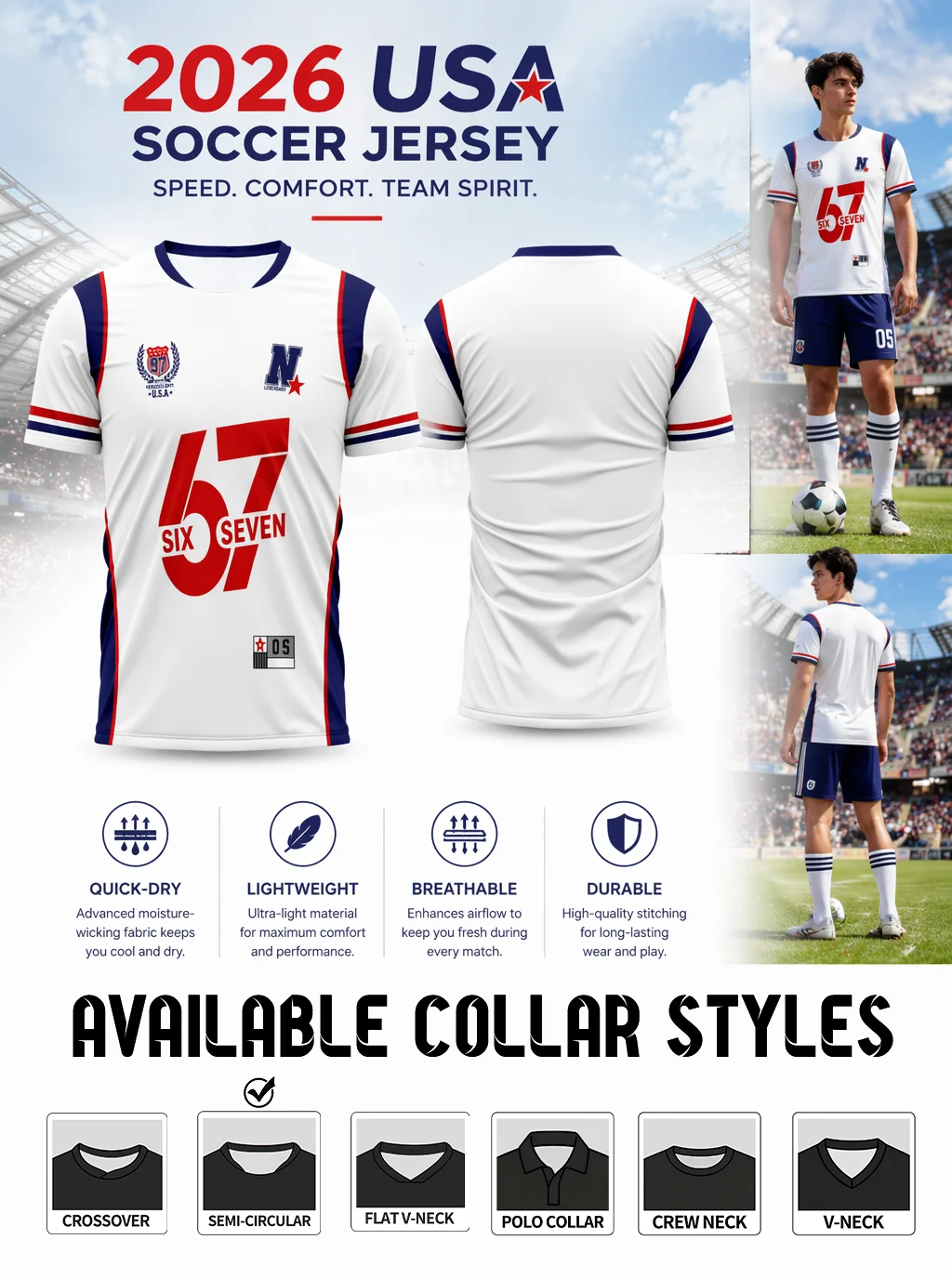 Minimalist white‑toned USA soccer jersey with red‑blue trim, big No.57 graphic and chest badges