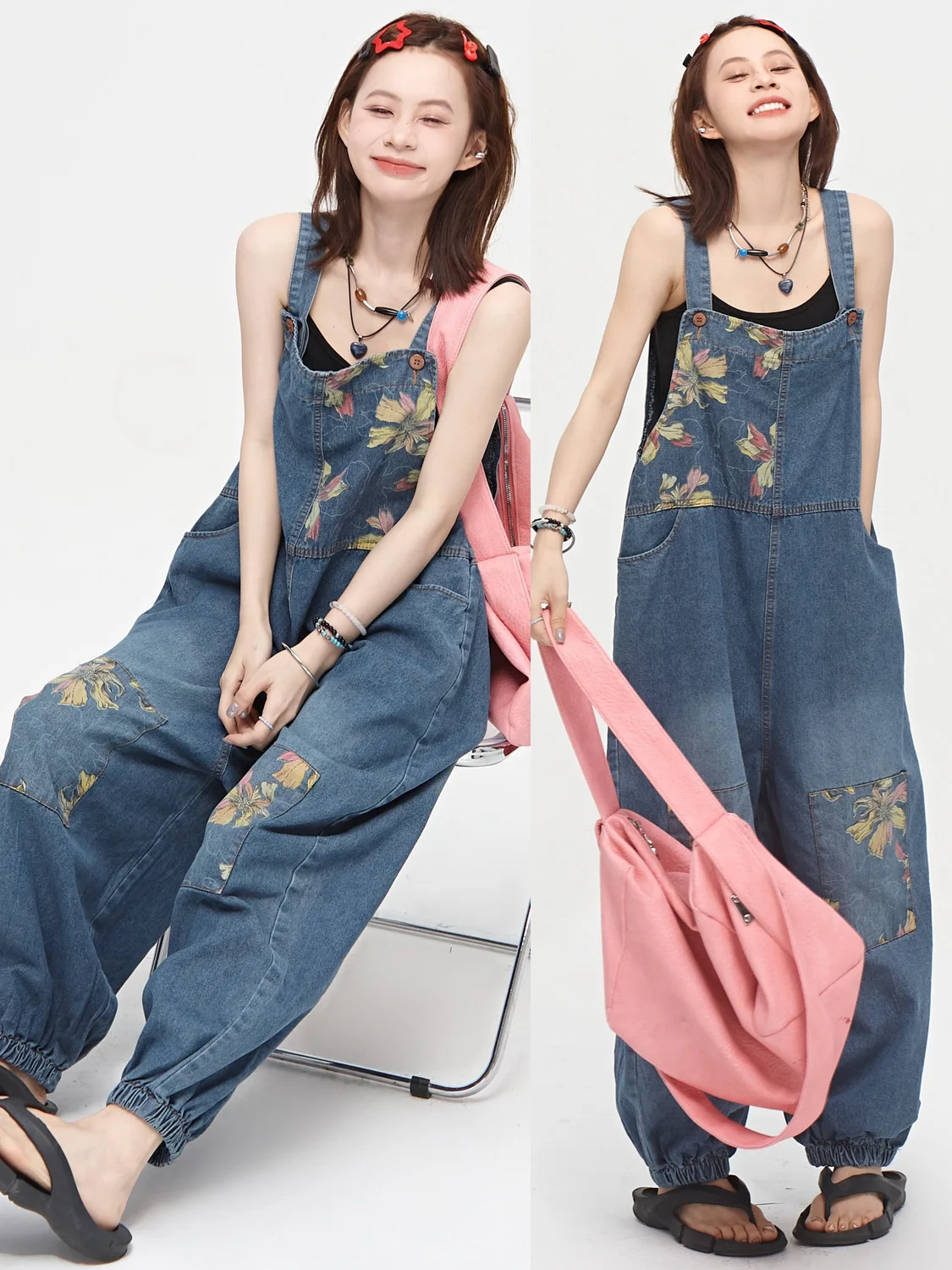 

Oversize Casual Women's Jumpsuit Summer Original Autumn Floral Wide Leg Lantern Pants High Waist Denim Soft Cotton Spring Summer