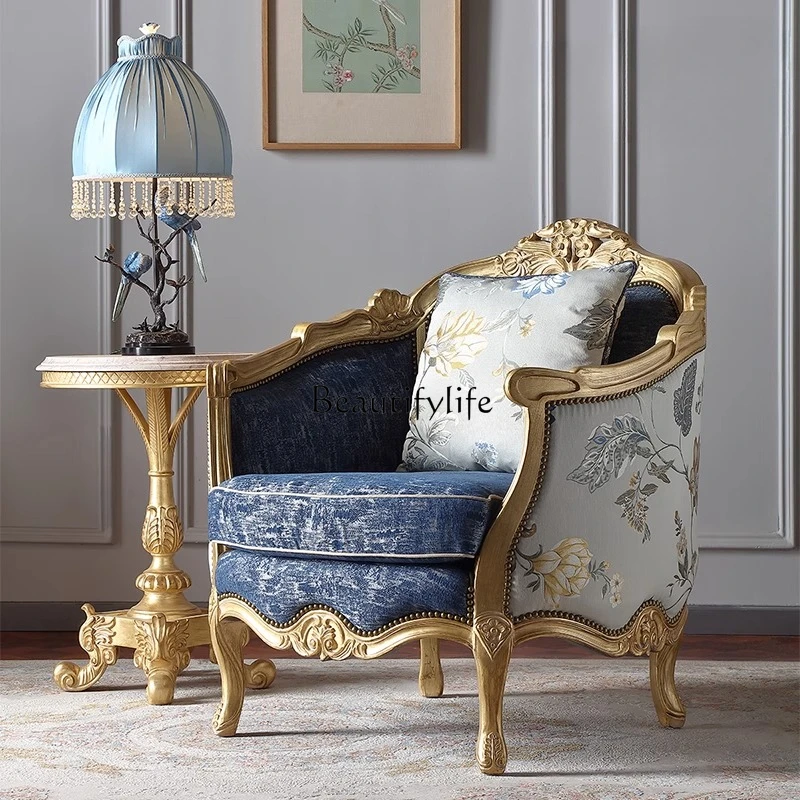 

Servi French light luxury solid wood silver silk sofa European court carved villa large flat living room sofa group SE2