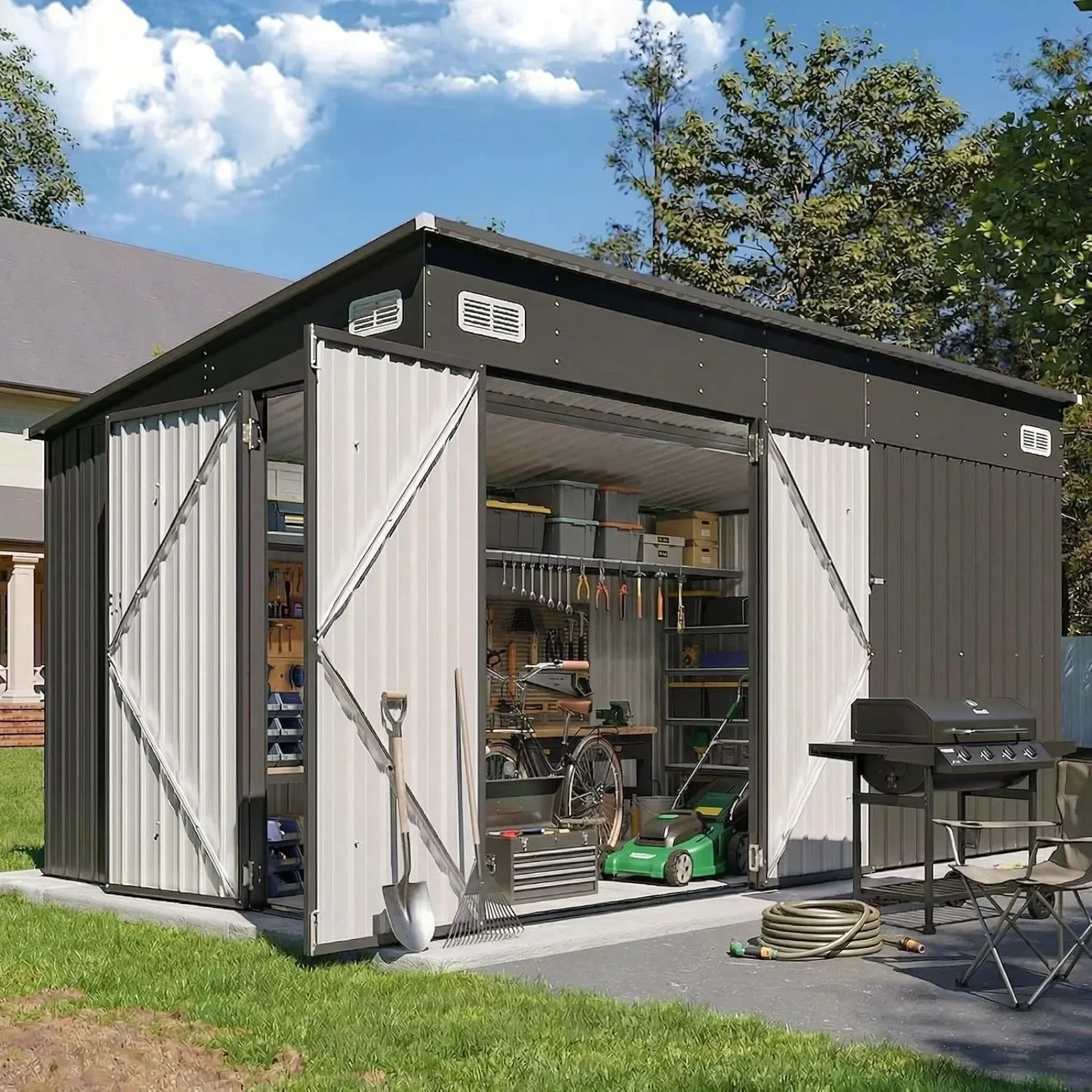 HOT Outdoor Lean to Storage Shed with Triple Doors Utility Galvanized Steel Sheds for Vertical Storage, Dual Lock Metal Shed with Sloped Roof for Mower,Bike,Garden Tools (Black)