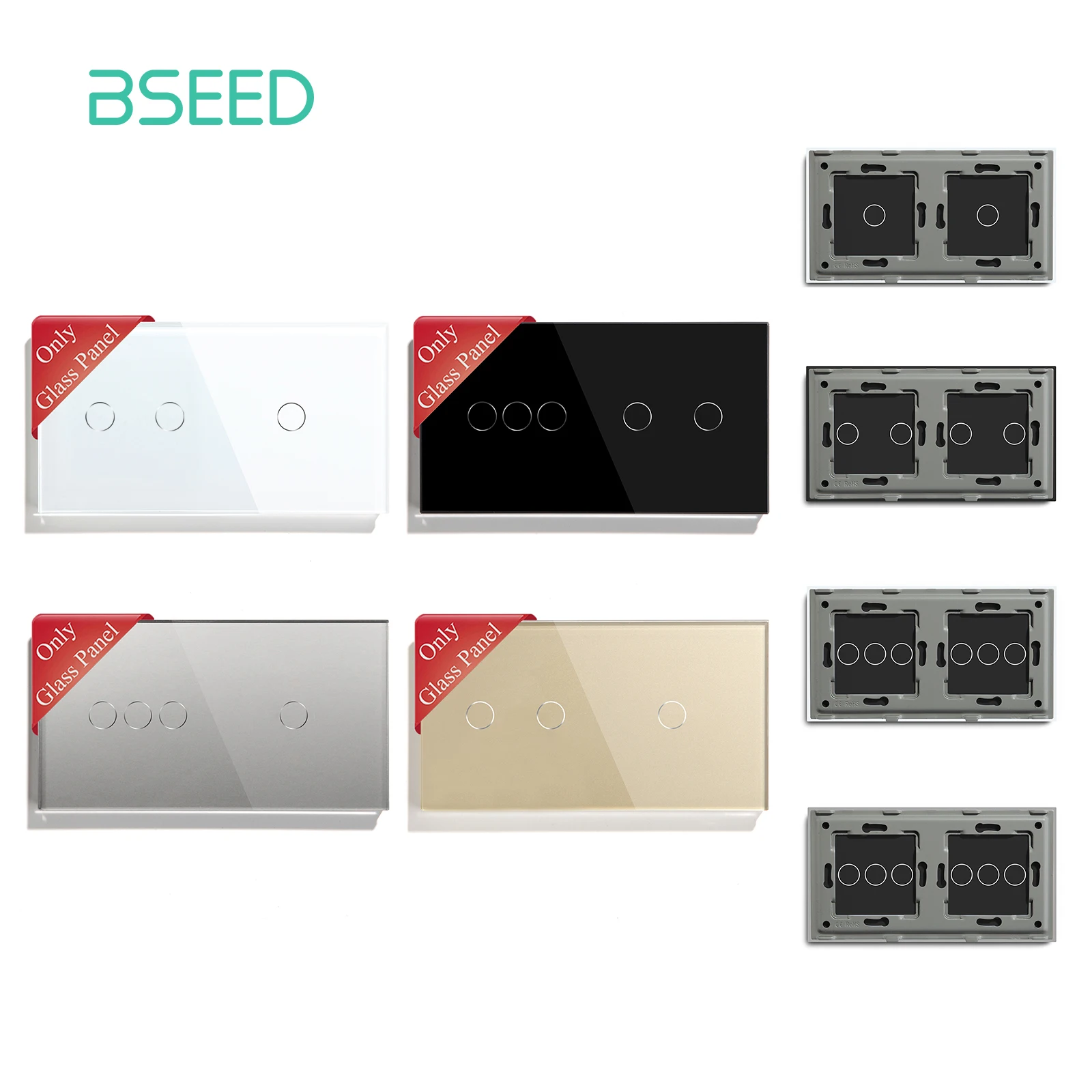 BSEED  2+1Gang Touch Glass Panel For Wall Light Switches With Metal Plate EU Standard DIY Part Only Free Combination