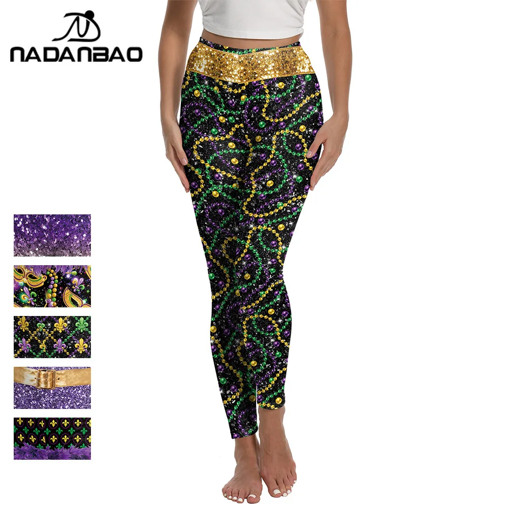 

Nadanbao Shiny 3D Mask Bead Print Leggings Women Mardi Gras Party Pants Purple Yellow Green Carnival Trousers Lady Yoga Tights