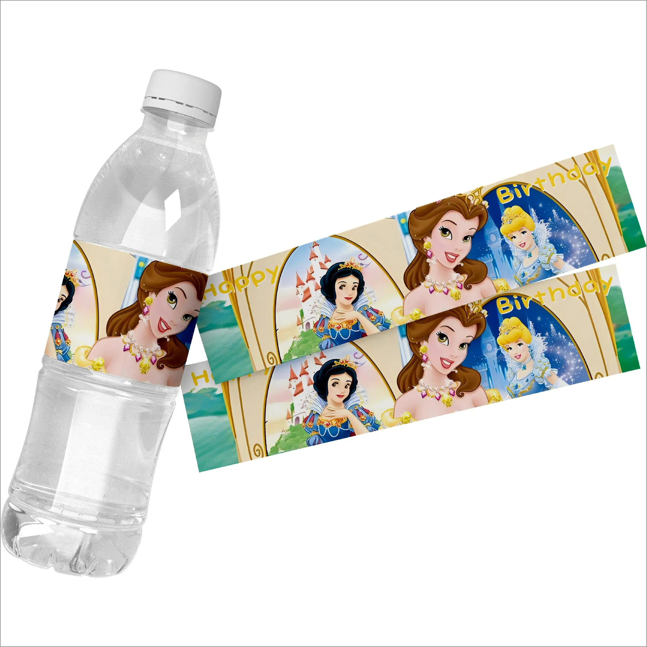 Etiquetas adhesivas para botella de agua con temática de princesa Disney, suministros de decoración para fiesta de cumpleaños de niños, envoltorio