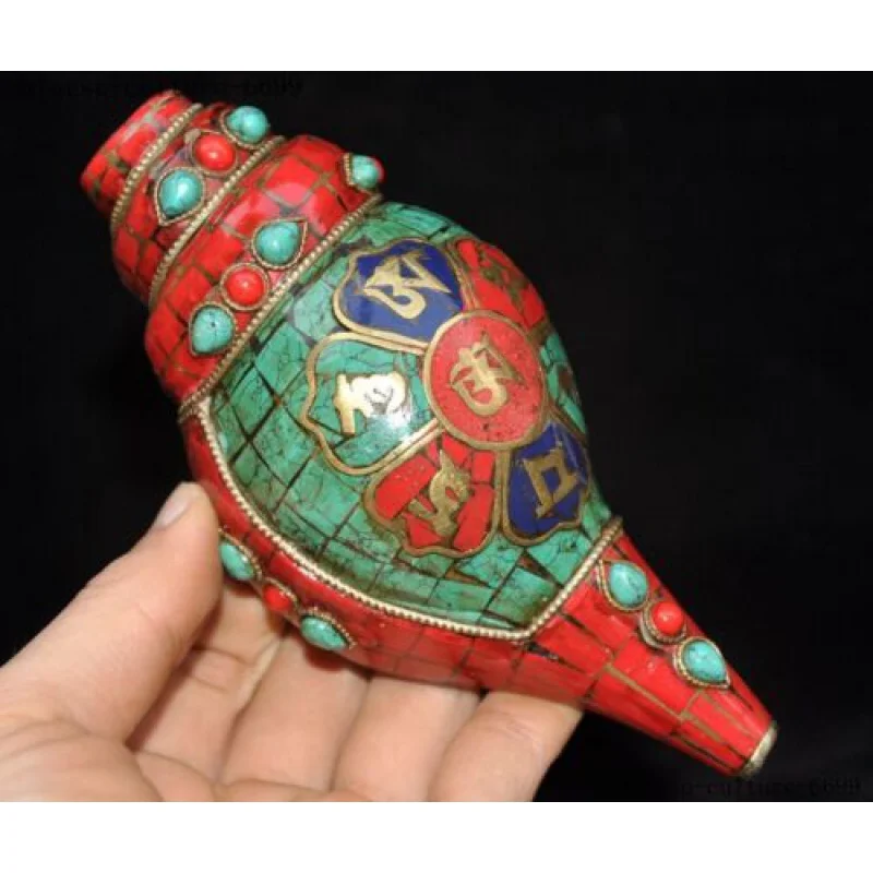 

Tibetan Buddhist Shell Inlaid Silver Gold Silver Turquoise Red Coral Gem Trumpet Horn