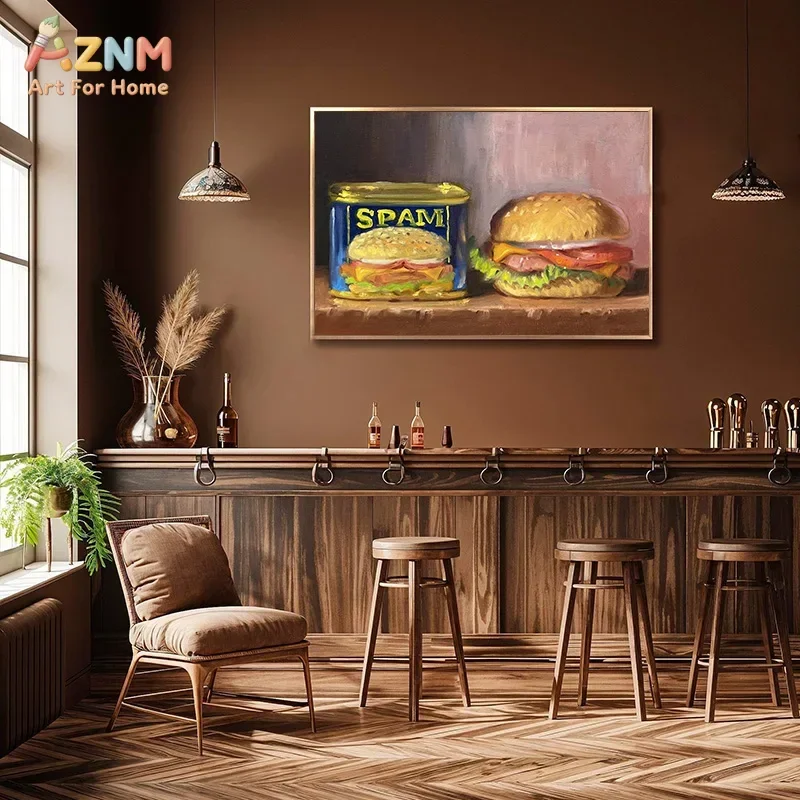 AZNM Vintage Food Still Life Canvas Wall Art Sandwich Breakfast Egg Strawberry Oil Painting Print Unframed Canvas Painting for K