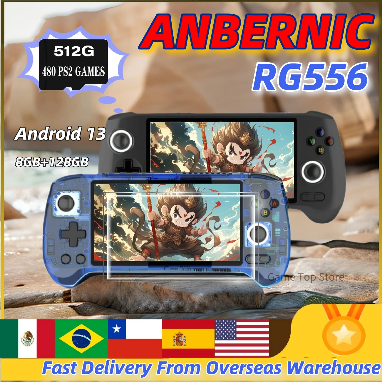 ANBERNIC RG556 Portable PS2 Handheld Game Console Unisoc T820 Android13 5.48 Inch AMOLED Screen WIFI 512G 256G PS2 3DS WII Games