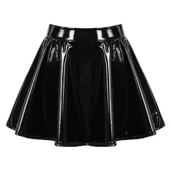 Womens Glossy Patent Leather Flared Miniskirt Dance A Line Skirt Clubwear Cosplay Elastic Waistband Hot Girl Retro Style