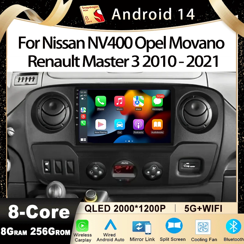 Android 14 Multimedia For Renault Master Nissan NV400 Opel Movano 2010 - 2021 Car Player GPS Stereo Navigation Auto Radio Screen