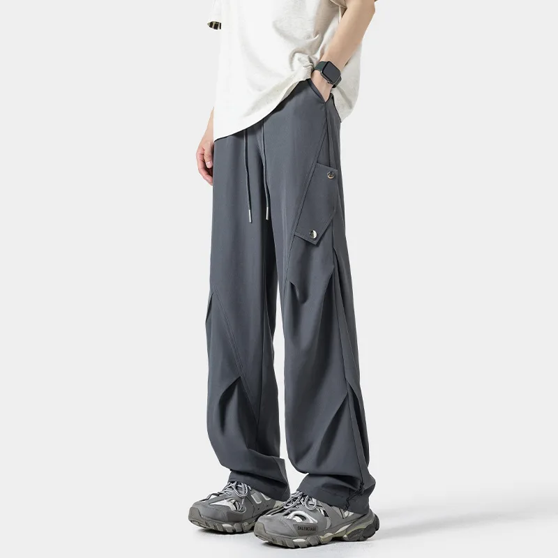 Plain Elastic Ice Silk Pants Men's Summer Thin Loose Straight Tube Large Size Men's Casual Sports Cargo Pants