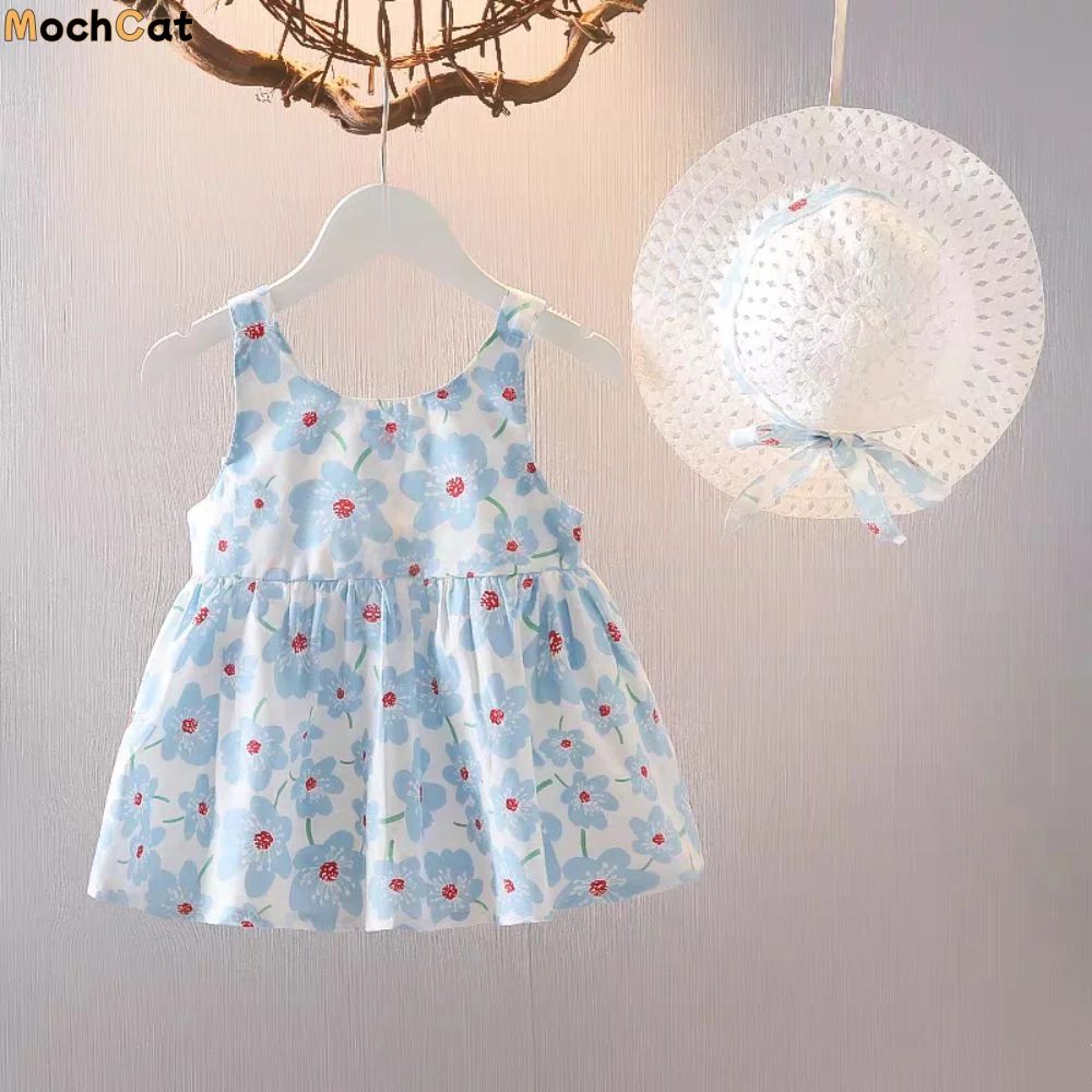 

Soft Bowknot Baby Girl Princess Dress Summer Cotton Floral Dress with Hat Sweet Loose Kids Flower Dress Birthday Gift