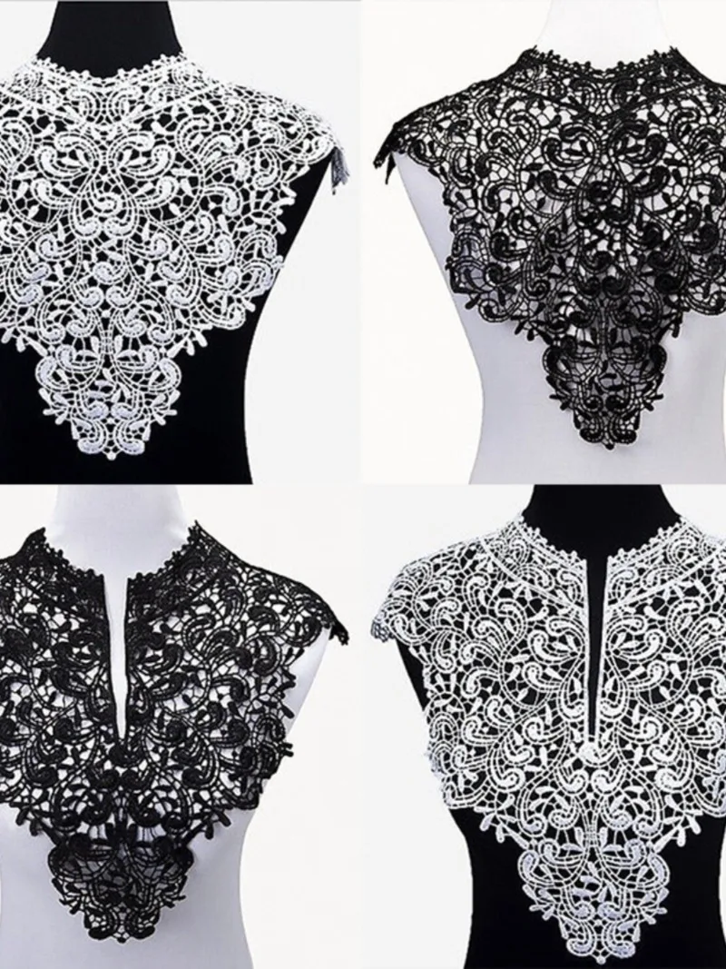 

Черный ажурный винтажный съемный кружевной воротник ручной работы для декора одежды, топов и платьев