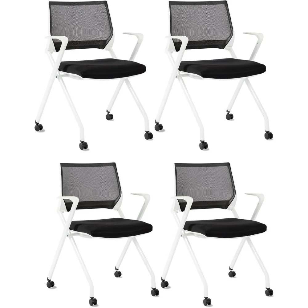 FoldableReception Guest Chair with Wheels,Ergonomic Mesh Lumbar Support Thickened Cushion,Stackable Conference Chair for Meeting