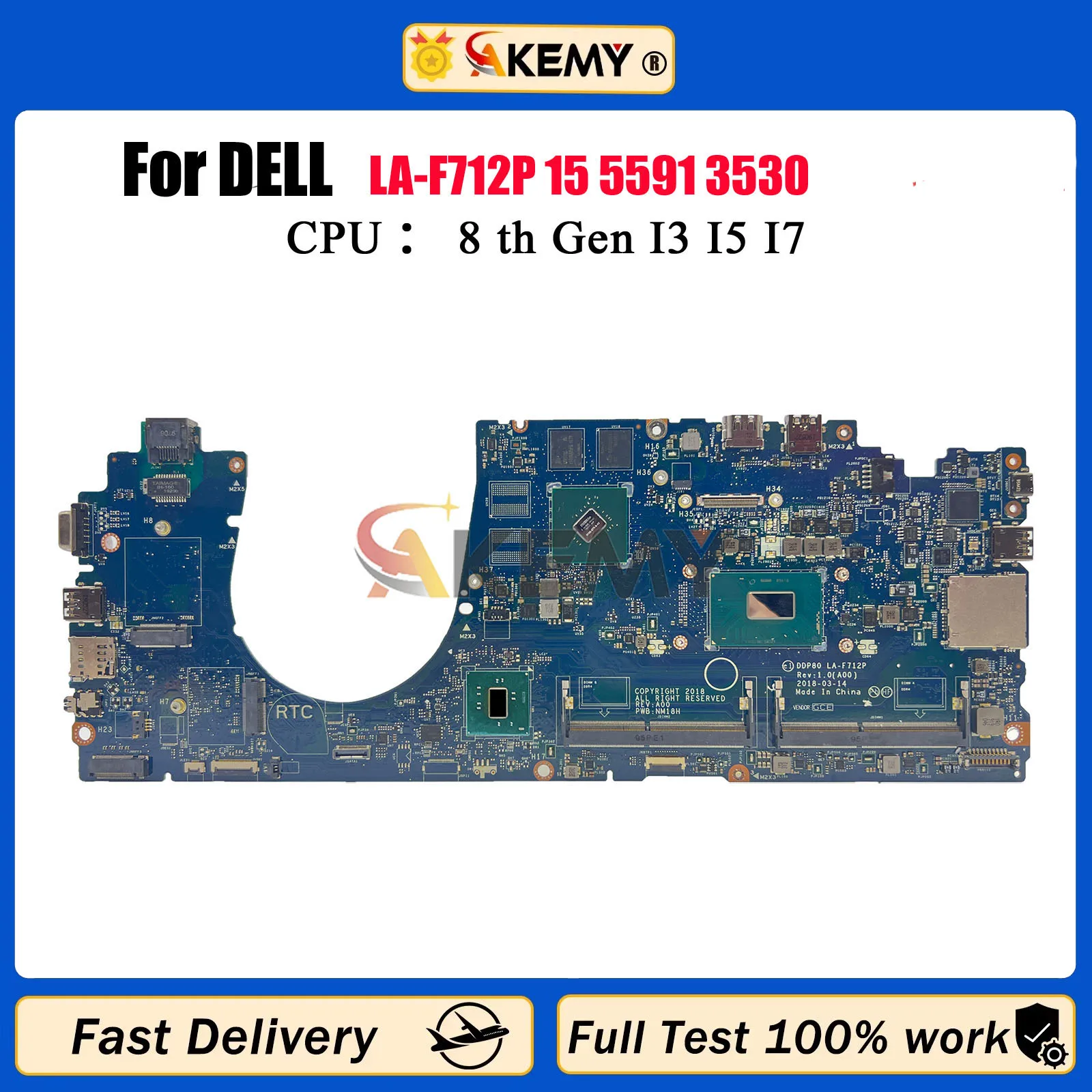

Материнская плата для ноутбука DELL Latitude 3530 5591, LA-F712P 07TTKR 0T73CF 03YC67 0C38P6 i5 i7, 8-я материнская плата процессора, 100% тестирование