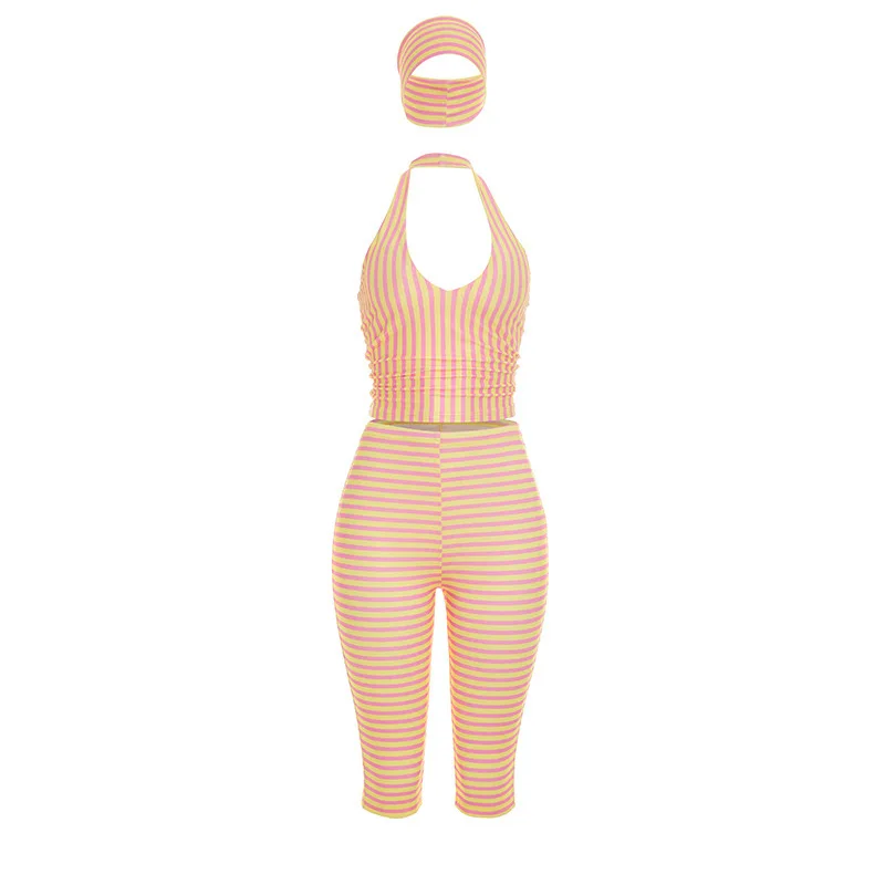 Summer Women's Retro Striped Hanging Neck Top+Slimming Pants Fashion Set