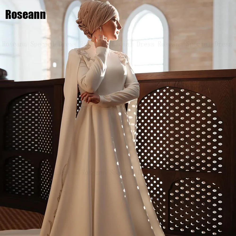 Muslim Exquisite Ivory A-line Wedding Dresses Applique Flowers O-Neck Full Brush Train Floor Length Bride Dress robe de mariée