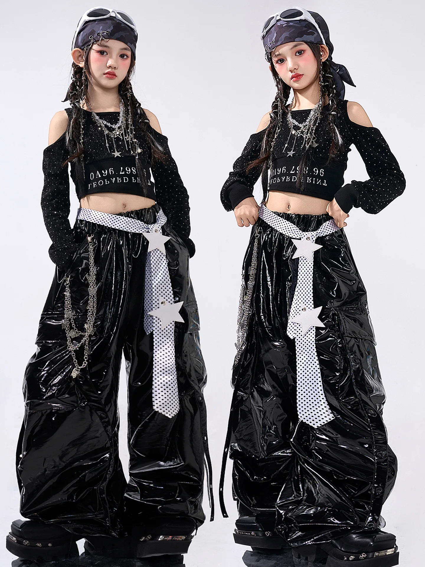 재즈 댄스 의상 소녀용 블랙 스팽글 탑 가죽 바지 케이팝 힙합 공연 의상 캣워크 무대 의상