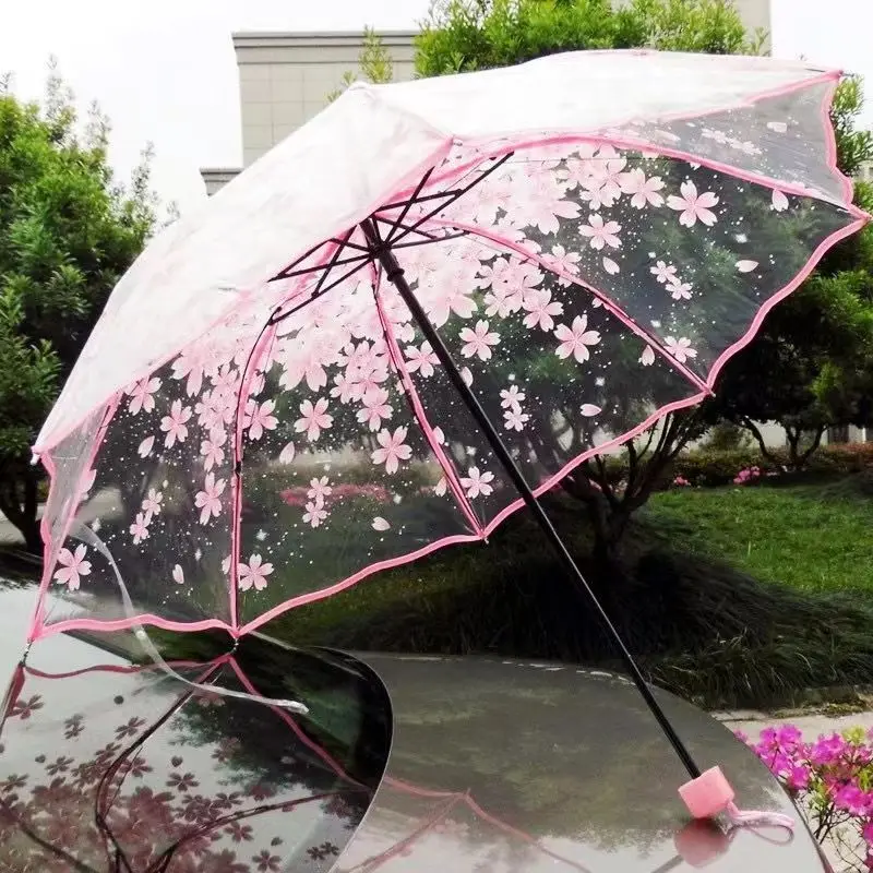 Thickening Transparent Three Fold Rain Umbrella Japanese Cherry Blossom Plastic PVC Clear Falbala Umbrellas Women parapluie