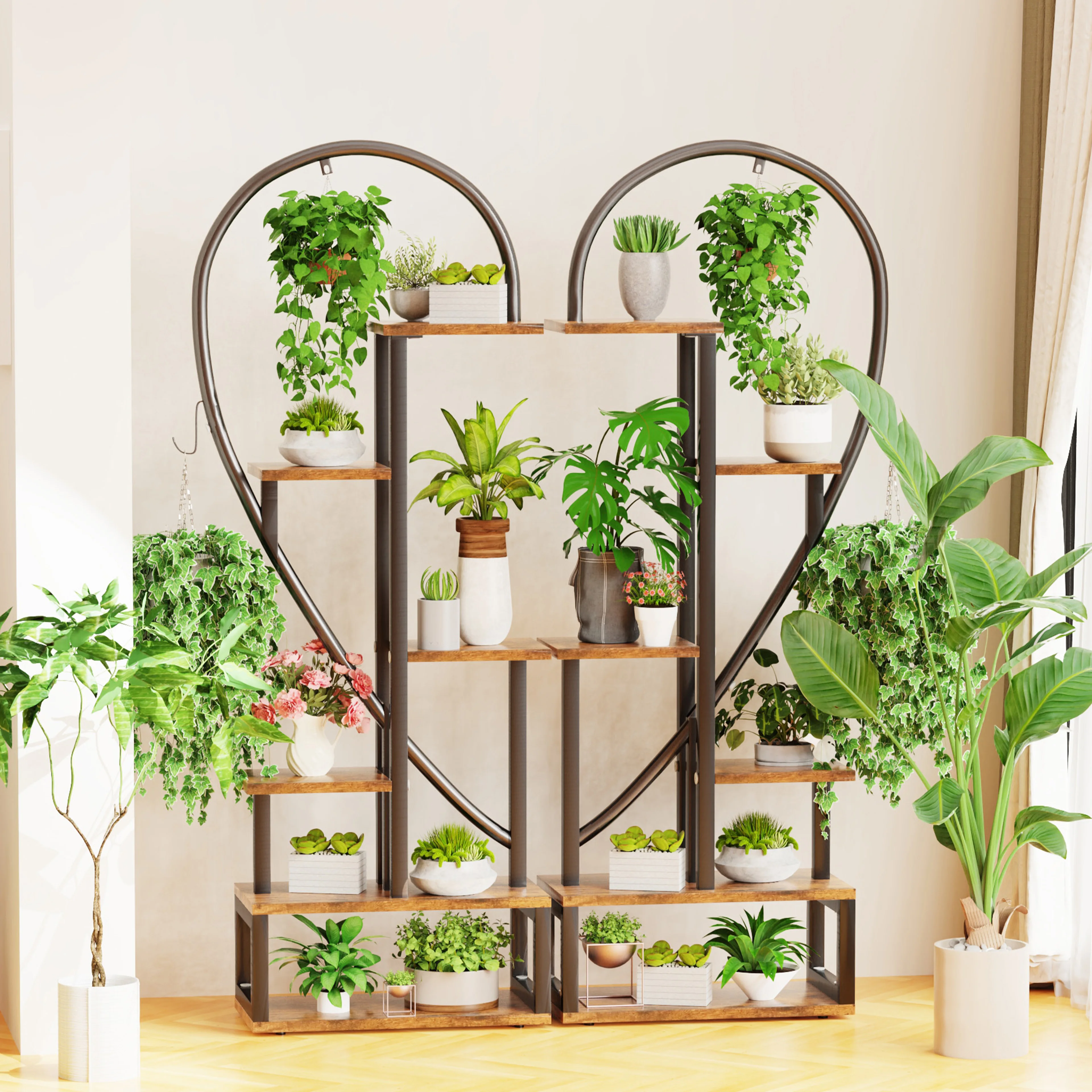 6 camadas planta metálica stand, escada criativa metade coração-forma para plantas de interior, prateleira preta