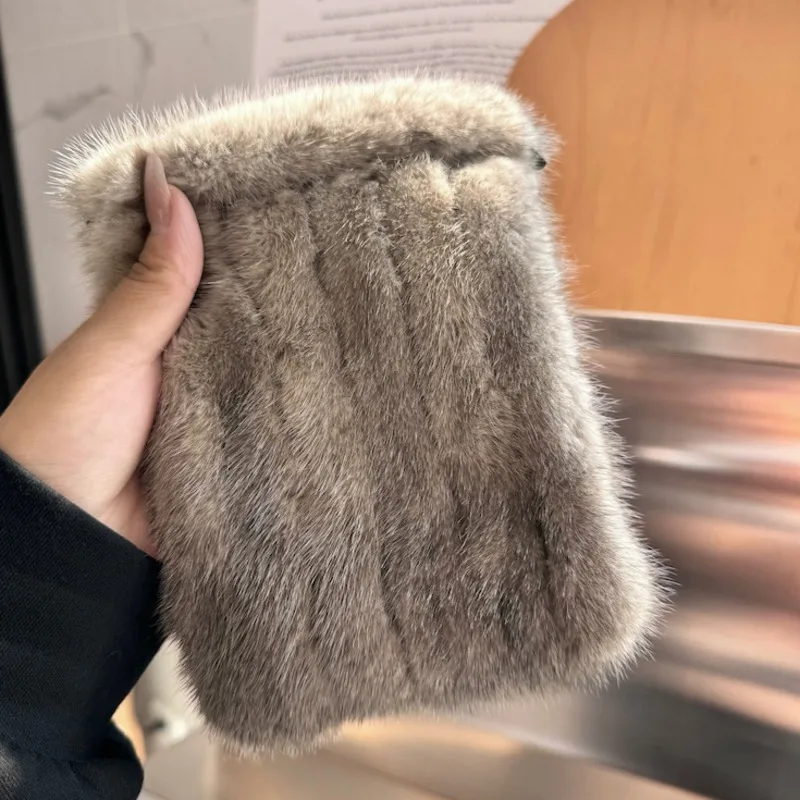 Real Mink Fur Bag For Women Casual Mini Fur Phone Bag Female Fluffy Fur Handbag Natural Fur Message Bag Evening Bags Ladies