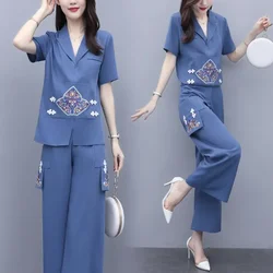 High Quality Wide leg Pants Suit Female 2022 Summer New Retro Ethnic Style Embroidery Mother Fashion Two-Piece Suit Summer