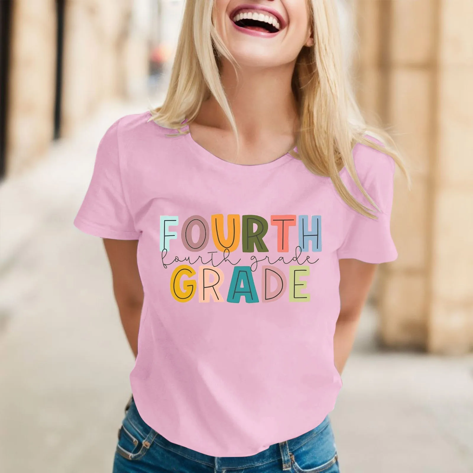 FOURTH GRADE Letter-Printed Back-To-School Season Women'S T-Shirt Round Neck Short Sleeve Loose Comfortable Trend Casual Top