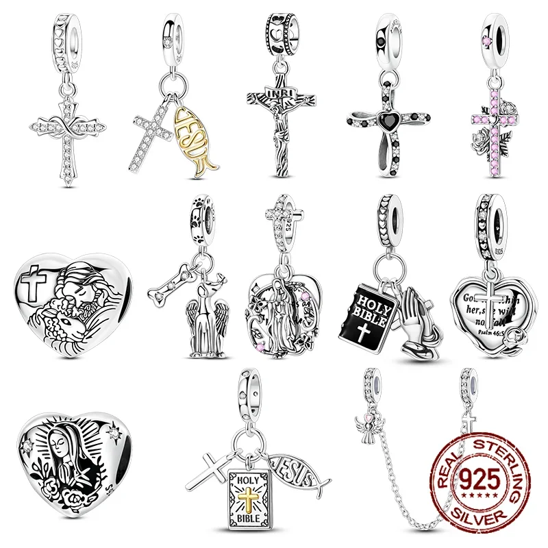 

Charm Hot Sales 925 Silver Original Jesus Cross Charms Beads Fit Pendant Charm Bracelet Dangle for Women DIY Fine Jewelry Making