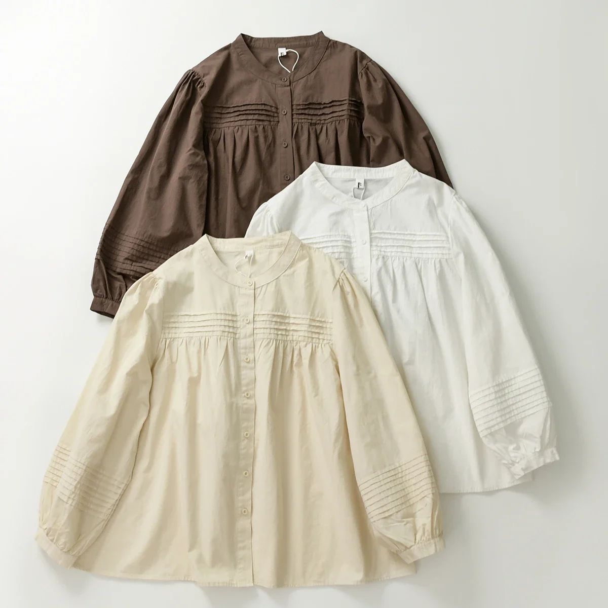 

2024 Spring Vintage Cotton Ruched Long Puff Sleeve Single Breasted Shirt Elegant Victorian Edwardian Loose Top Office Clothes
