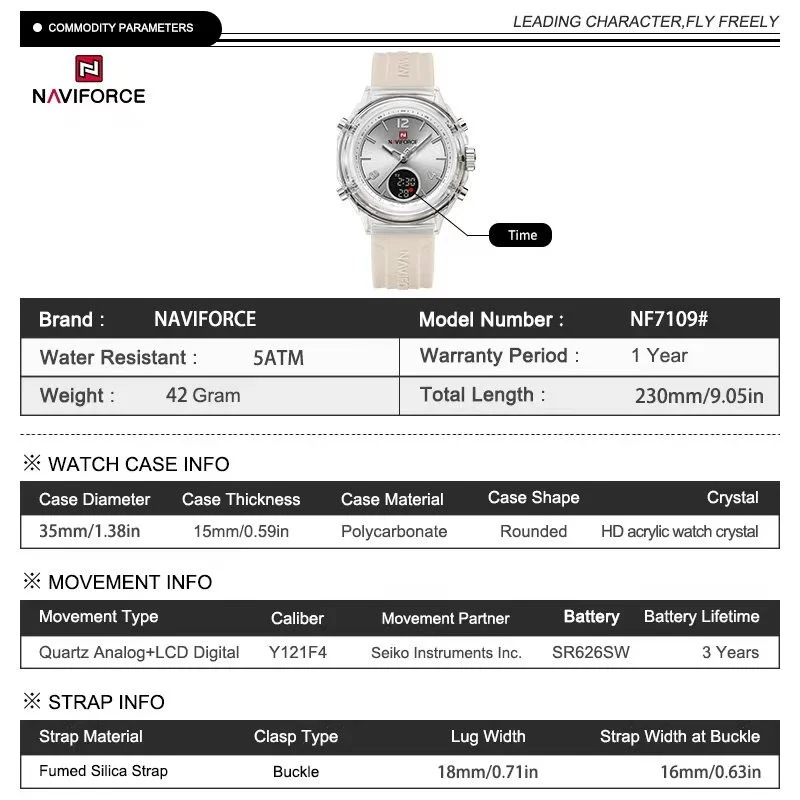 NAVIFORCE NF7109 Women Watch Top Brand Luxury Waterproof Original Lady Girl Digital LED Date Week Wristwatch