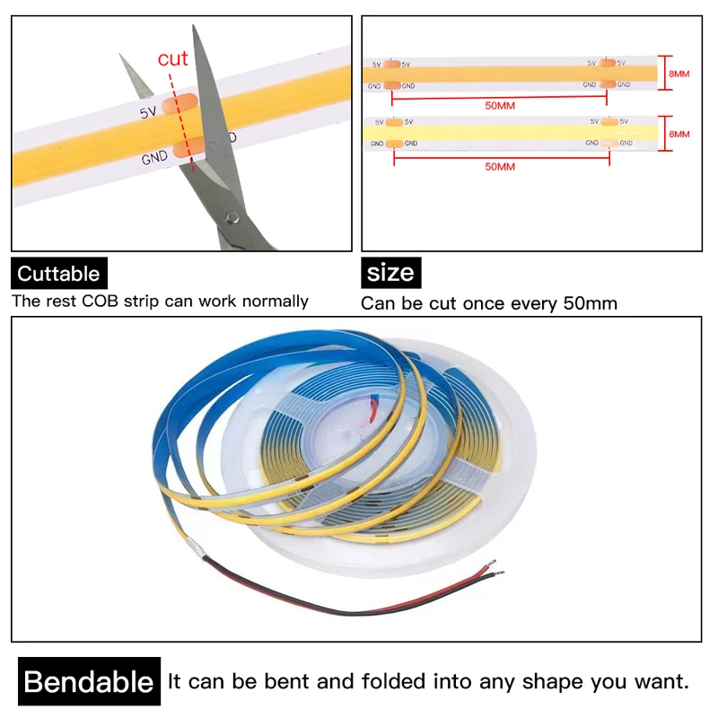 DC 5V LED COB Strip Light USB 0.5m - 5m 320LED/m Dimmable High Density Linear Lighting Flexible 5 V Volt Led Tape Lights Decor