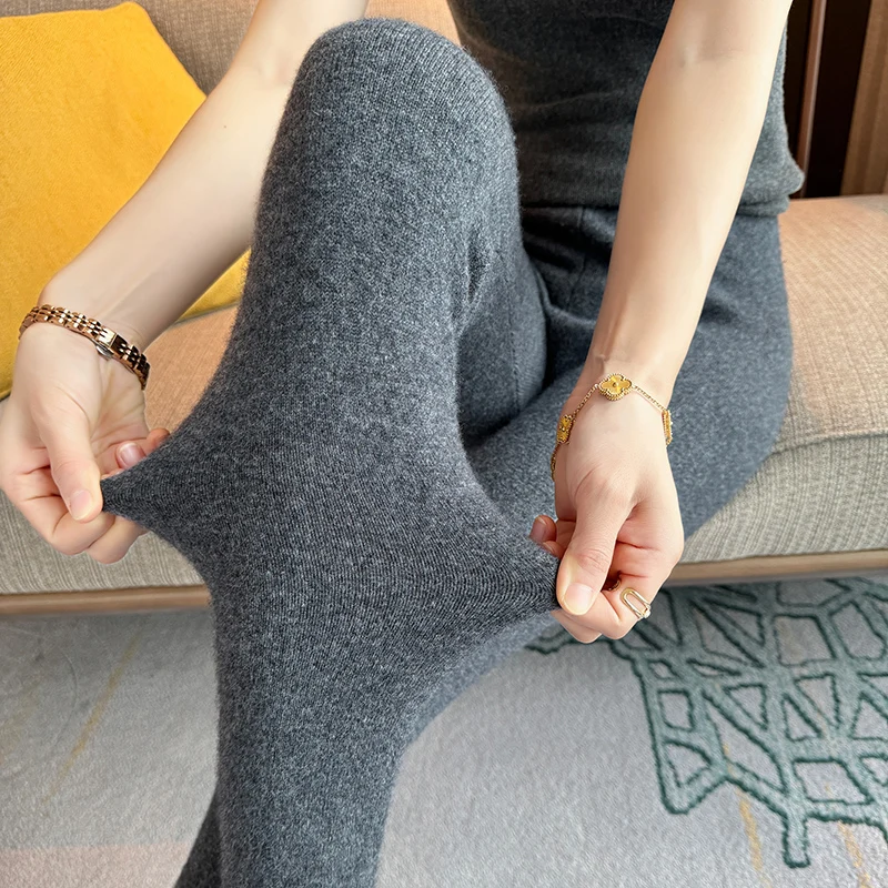 100% Cashmere Knitted Leggings  Women Ins High Waist Casual Wool Korean Trousers Solid Thicken Elasticity Ankle-Length Pants HOT