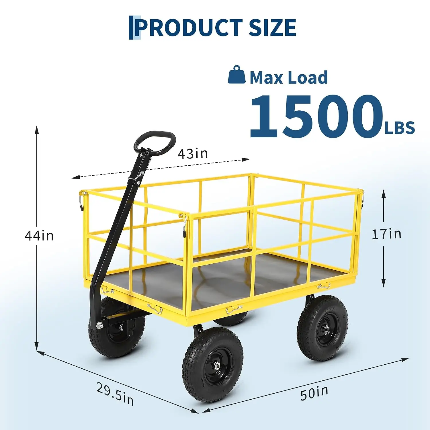 Heavy Duty Steel Garden Wagon Cart 1500 lbs Utility Trailer Removable Mesh Sides 13 Inch Wheels 180° Handle, Customized