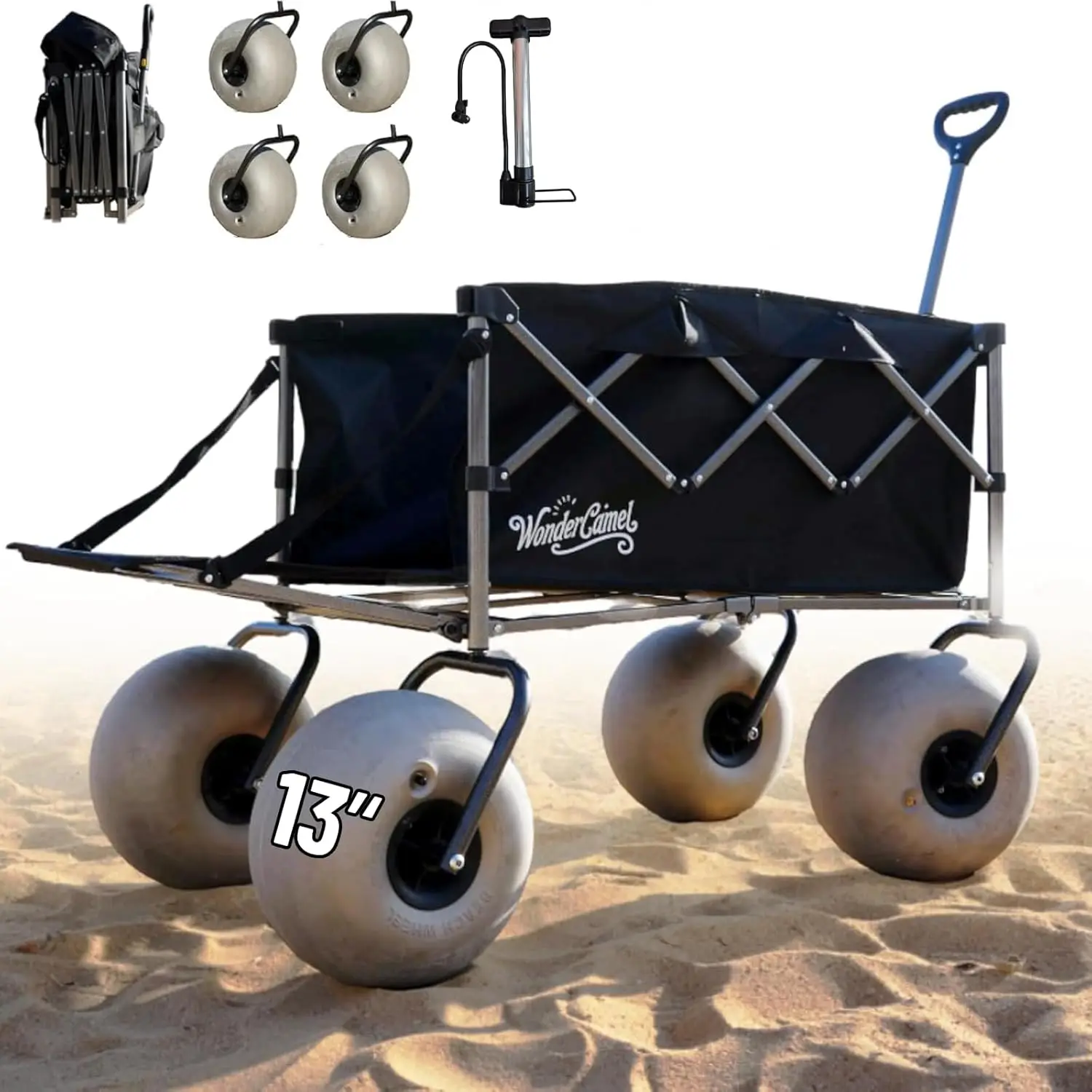 

Beach Wagon with Big Wheels for Sand, 13'' Balloon Wheel, Collapsible Cart with All Terrain Inflatable Tires, Customized