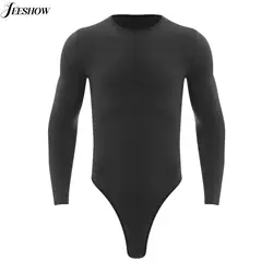 Mens Long Sleeve Leotard Shirt Solid Color Stretchy Round Neck High Cut Bodysuit Undershirt Gymnastics Fitness Athletic Leotard