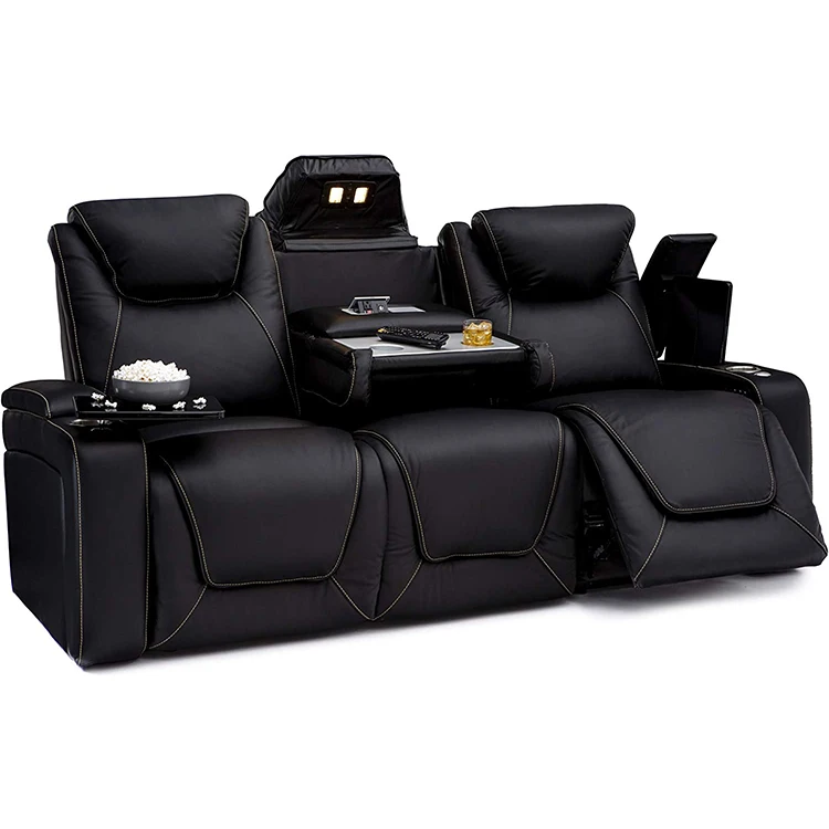 Movie Electric Power Recliner Cinema Home Theater Genuine Leather Sofa Set with Led Light and  Coffee Table  Cup Holder