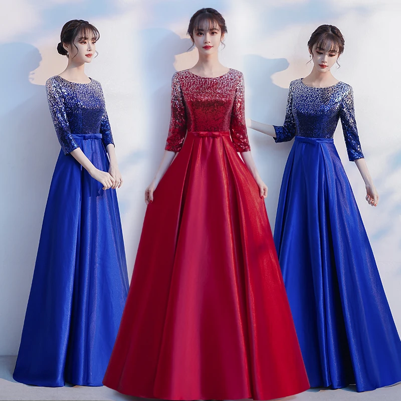 DLH-85#Cantata Performance Dress Cheap Wholesale Long Choir Host Evening Dresses Blue Wine Red Sequins Chorus Stylish Costumes