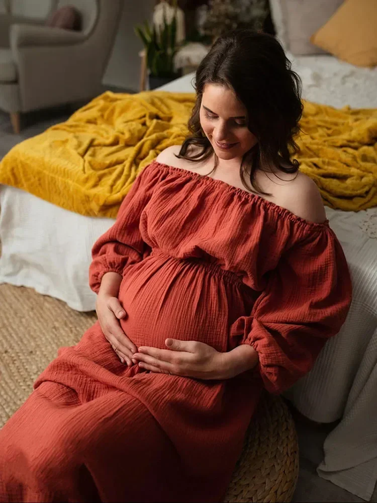 

Maternity Photo Shoot Long Dresses Elegant Cotton Slash Neck Bohemian Pregnancy Dresses For Pregnant Women Photography Prop