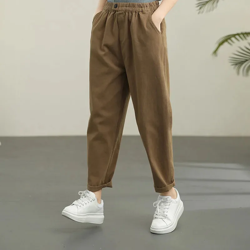 Spring Autumn Solid Color Fashion Elastic Waist Haren Pants Women High Street Casual Loose Pockets Patchwork Pure Cotton Trouser