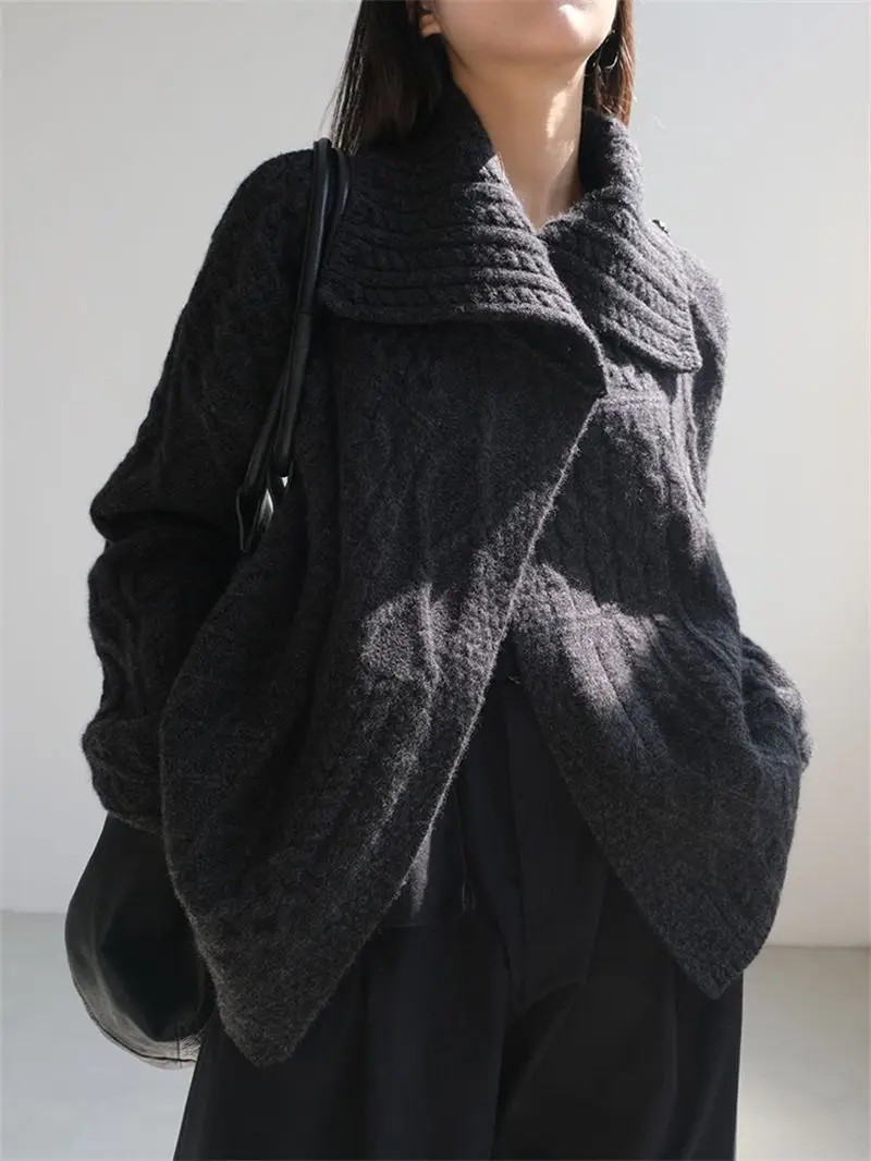

Retro Asymmetrical Lapel Knitted Cardigan Women'S Autumn And Winter New Style Lazy And Loose Design Sweater Jacket